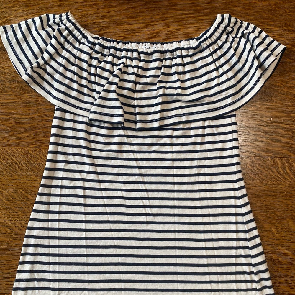 Splendid Off the Shoulder white and navy striped shirt